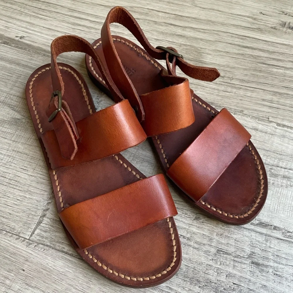 Samuji Leather 2 Strap Sandal W/Heel Strap Adjustable Buckle Closure Brown SZ 6